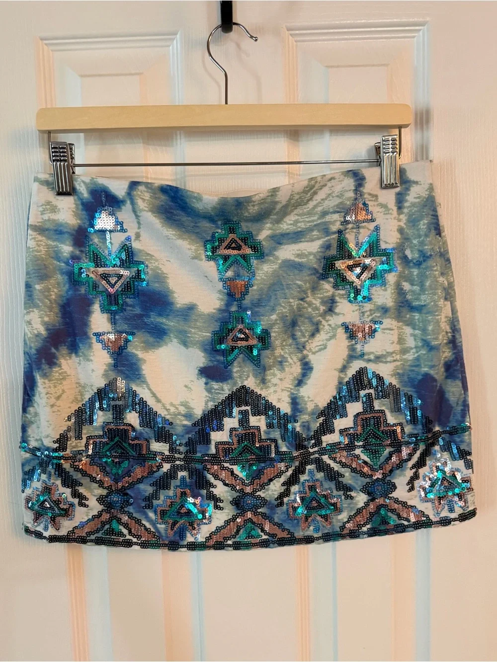 Express Sequin Aztec Mini Skirt Blue Tie Dye Beaded Medium Festival Boho
